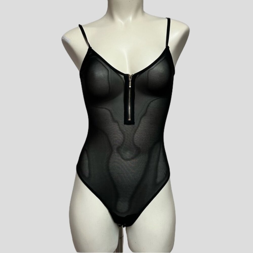 Dynamite Black Sheer 1/4 Zip Bodysuit